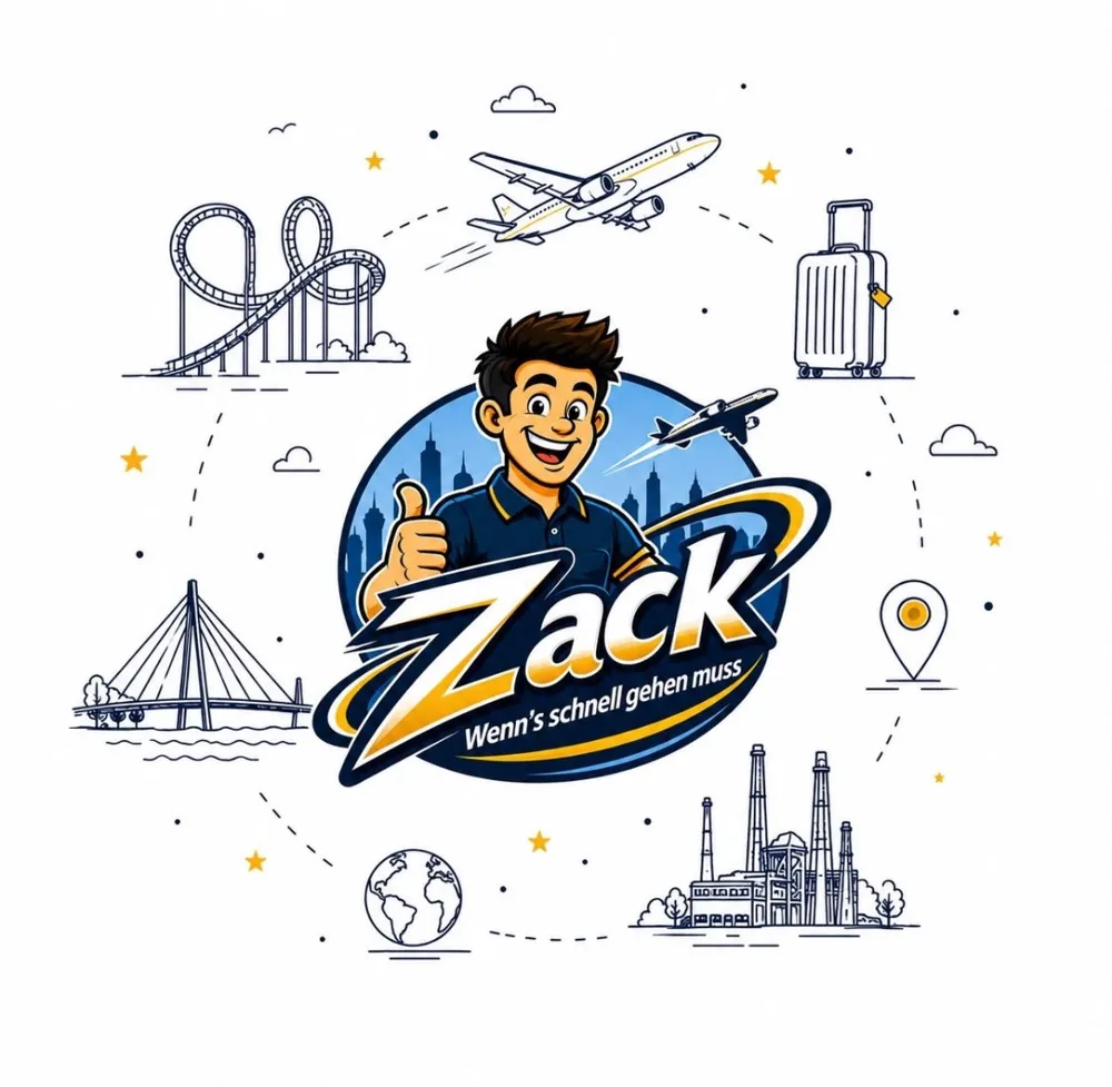 Zack Duisburg Markenillustration – Maskottchen umgeben von Flugzeug, Koffer, Brücke und Industriekultur des Ruhrgebiets
